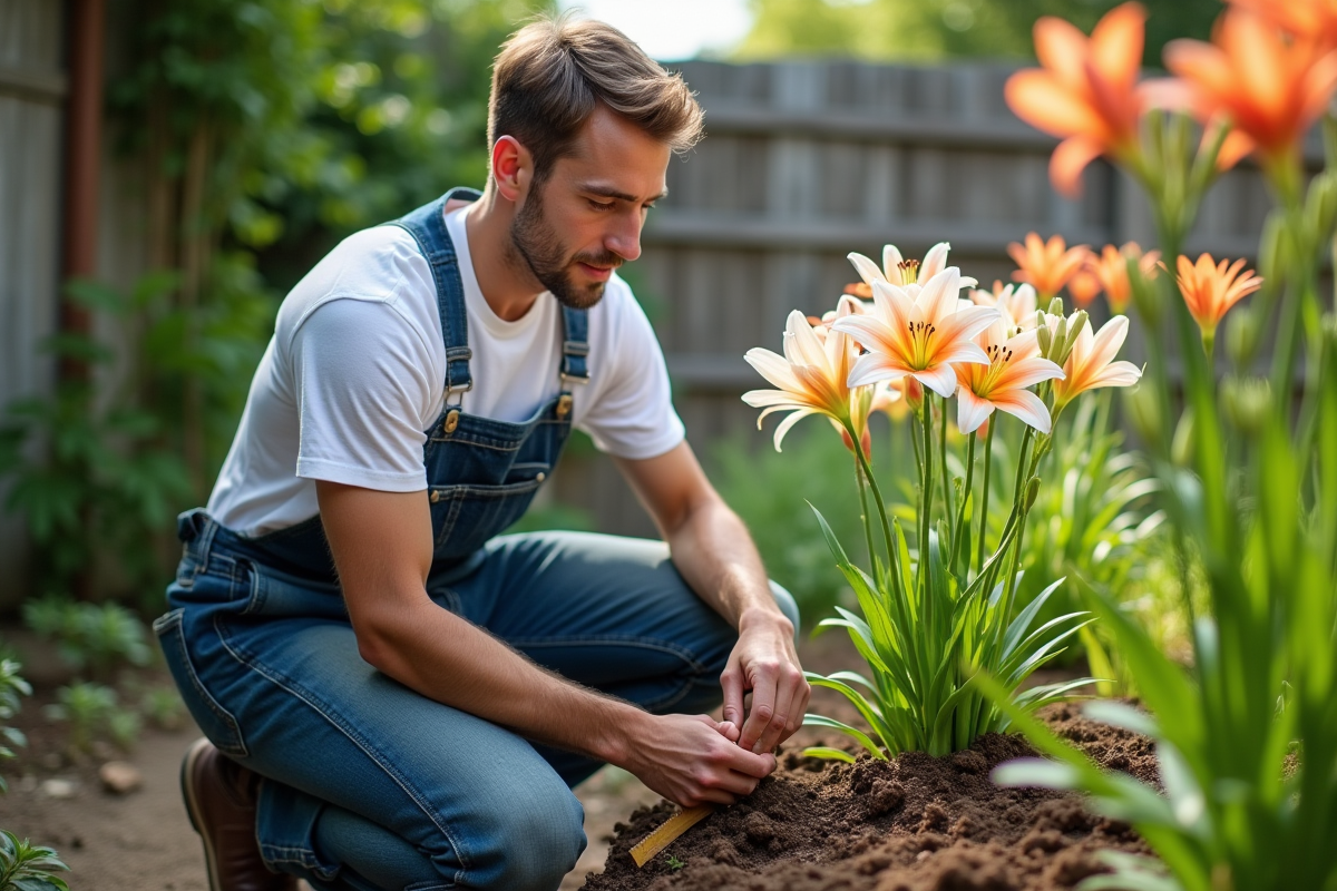 Jeune homme mesurant des lys dans un jardin extérieur