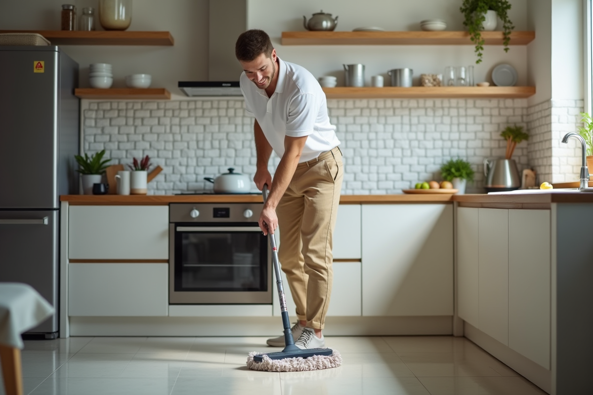 Jeune homme nettoyant le sol de la cuisine avec sérieux