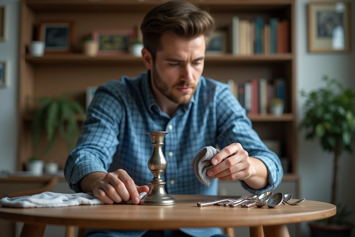Jeune homme polissant un chandelier en argent dans son salon