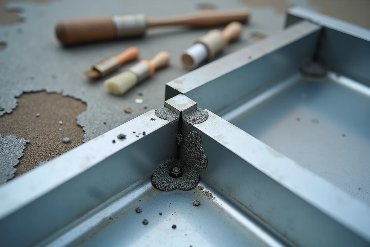 Gros plan sur un joint soudé de gouttière en zinc avec flux et fil à souder