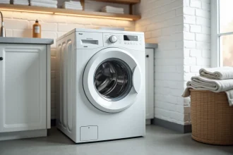 Lave-linge Whirlpool 6th Sense 9 kg avec panneau de commande digital dans une buanderie moderne carrelée