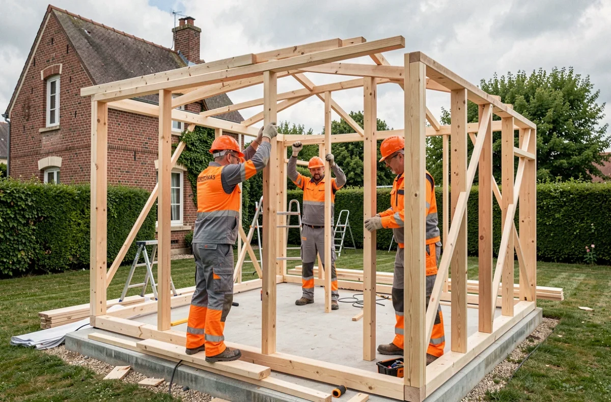 Équipe des Bâtisseurs construisant une extension à ossature bois dans un jardin de maison dans la Marne