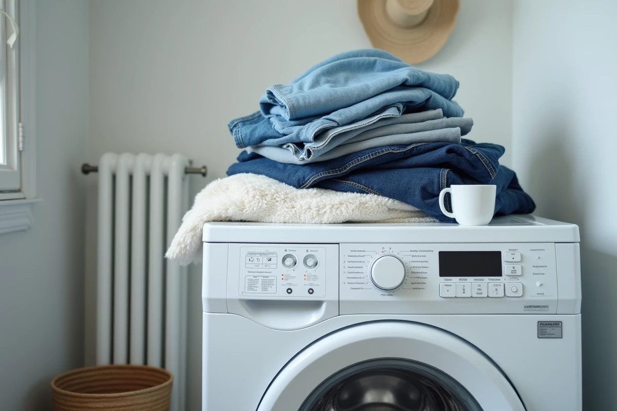 Linge posé sur un lave-linge Whirlpool 9 kg avec notice simplifiée et dosette de lessive dans une salle de bain