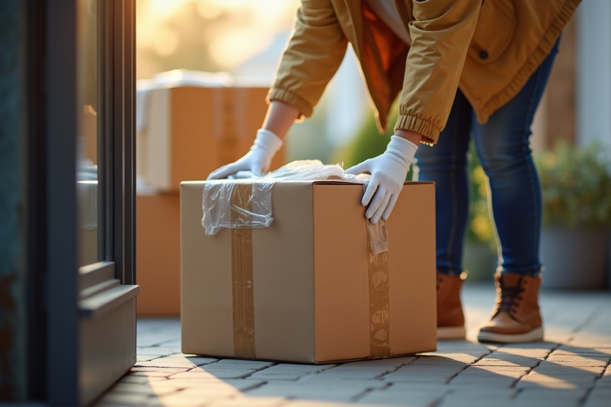 Livreur dépose un colis fragile avec protection à la porte