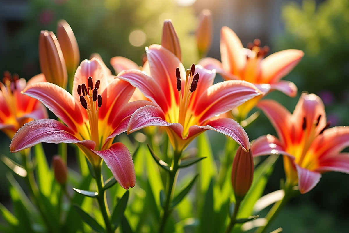Fleurs de lys colorées en pleine floraison dans un jardin ensoleille