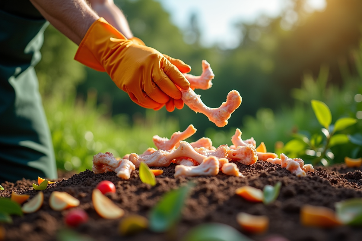 Mains avec os de poulet sur compost en jardin vert