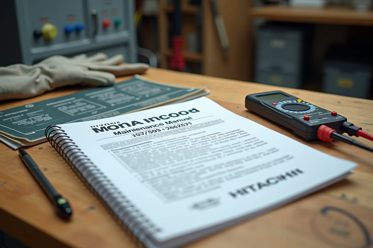 Manuel technique et liste des codes erreur PAC Hitachi posés sur un établi avec un multimètre et des gants de travail