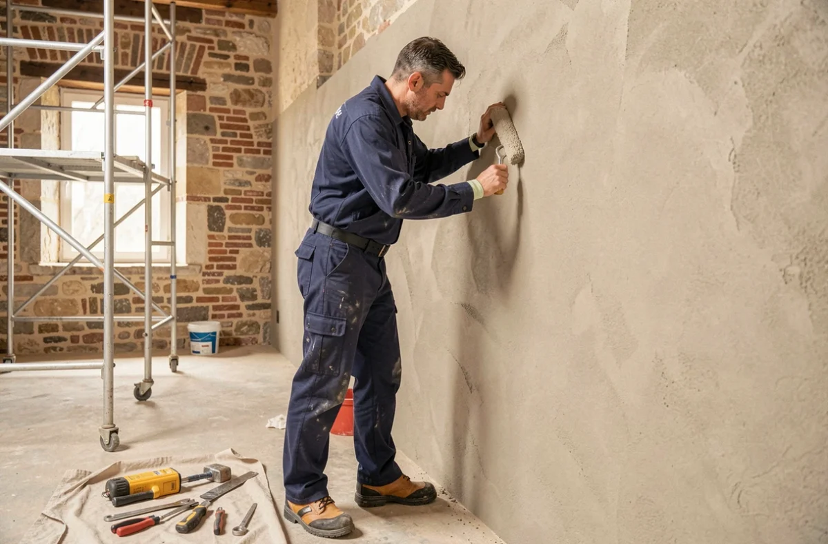 Artisan de MASTA RENOV appliquant du plâtre sur un mur en pierre lors d'une rénovation intérieure dans la Marne