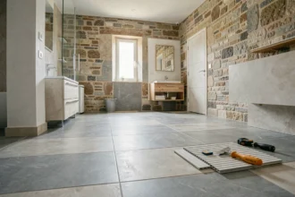 Vue d'ensemble d'un chantier de carrelage professionnel dans une maison bretonne du Morbihan