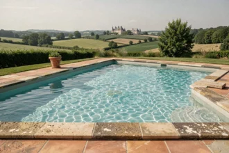 Piscine résidentielle avec vue sur la campagne du Centre-Val de Loire, entourée de pierres naturelles et de végétation verdoyante