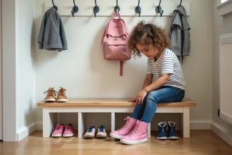 Jeune fille rangeant ses chaussures dans un meuble à chaussures Nano pour enfant dans une entrée moderne et organisée