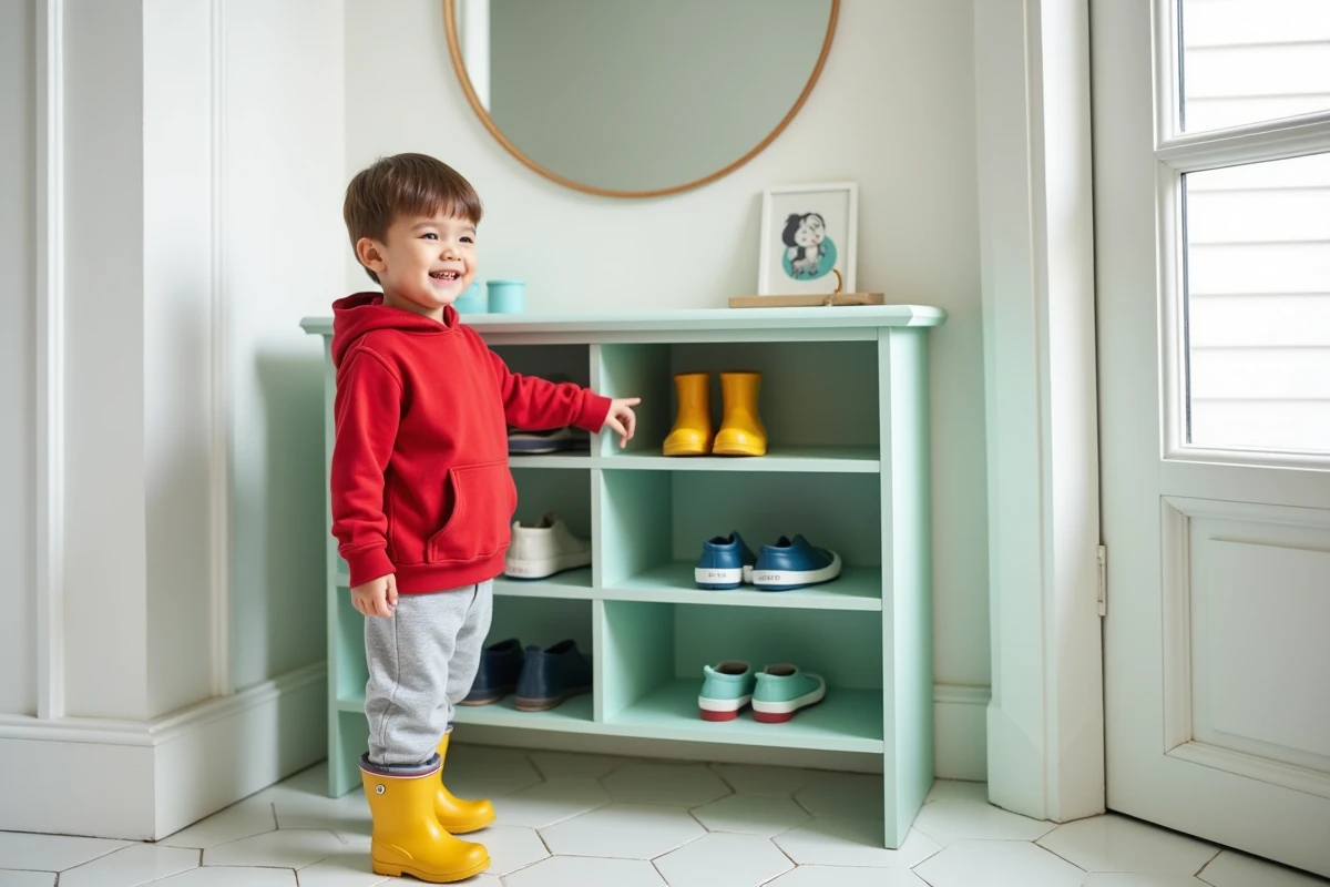Petit garçon souriant devant un meuble à chaussures Nano enfant de couleur menthe dans une entrée maison bien organisée
