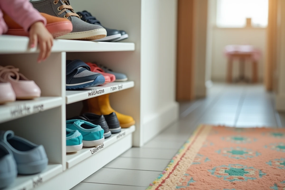Gros plan sur un meuble à chaussures Nano bas pour enfant avec des paires rangées par type dans une entrée familiale