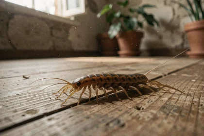 Gros plan d'un mille-pattes domestique sur un plancher en bois ancien, symbole ésotérique de protection dans la maison