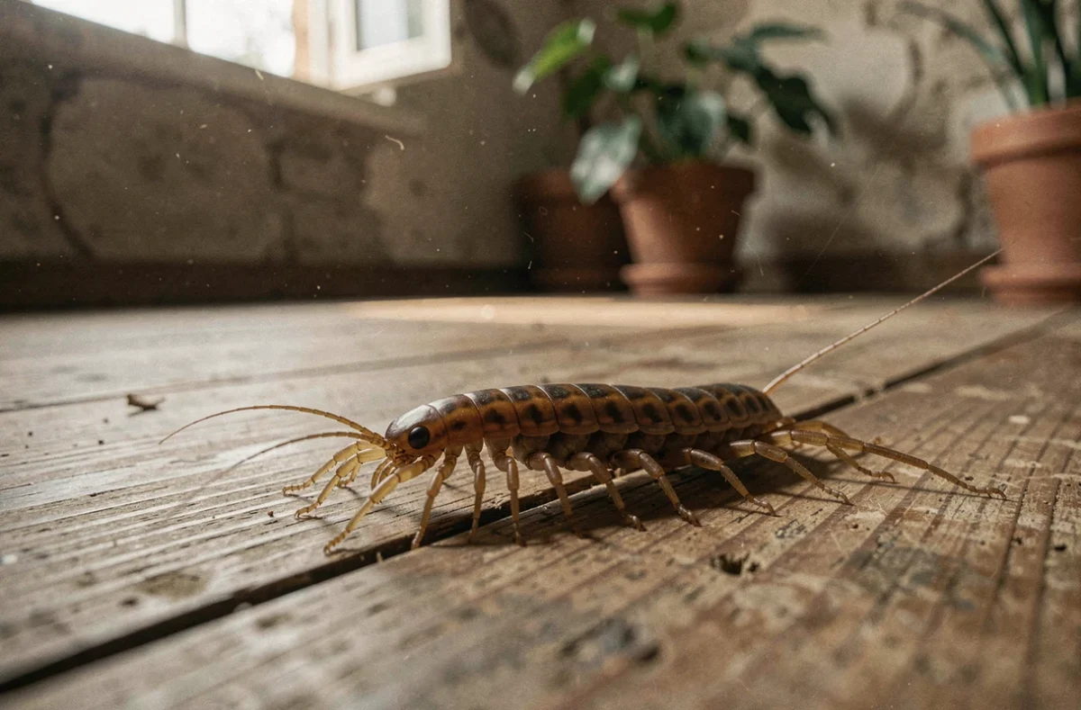 Gros plan d'un mille-pattes domestique sur un plancher en bois ancien, symbole ésotérique de protection dans la maison