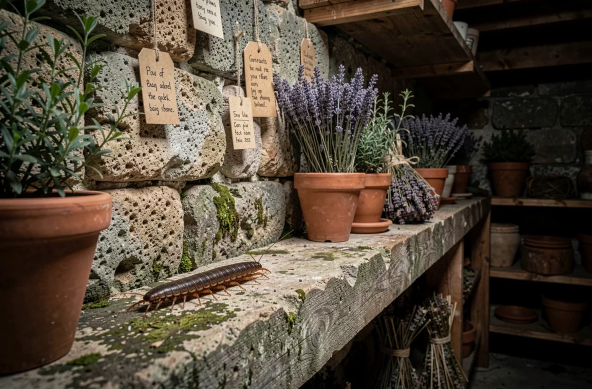 Mille-pattes sur un mur en pierre ancienne dans une cave décorée d'herbes séchées et de talismans de protection