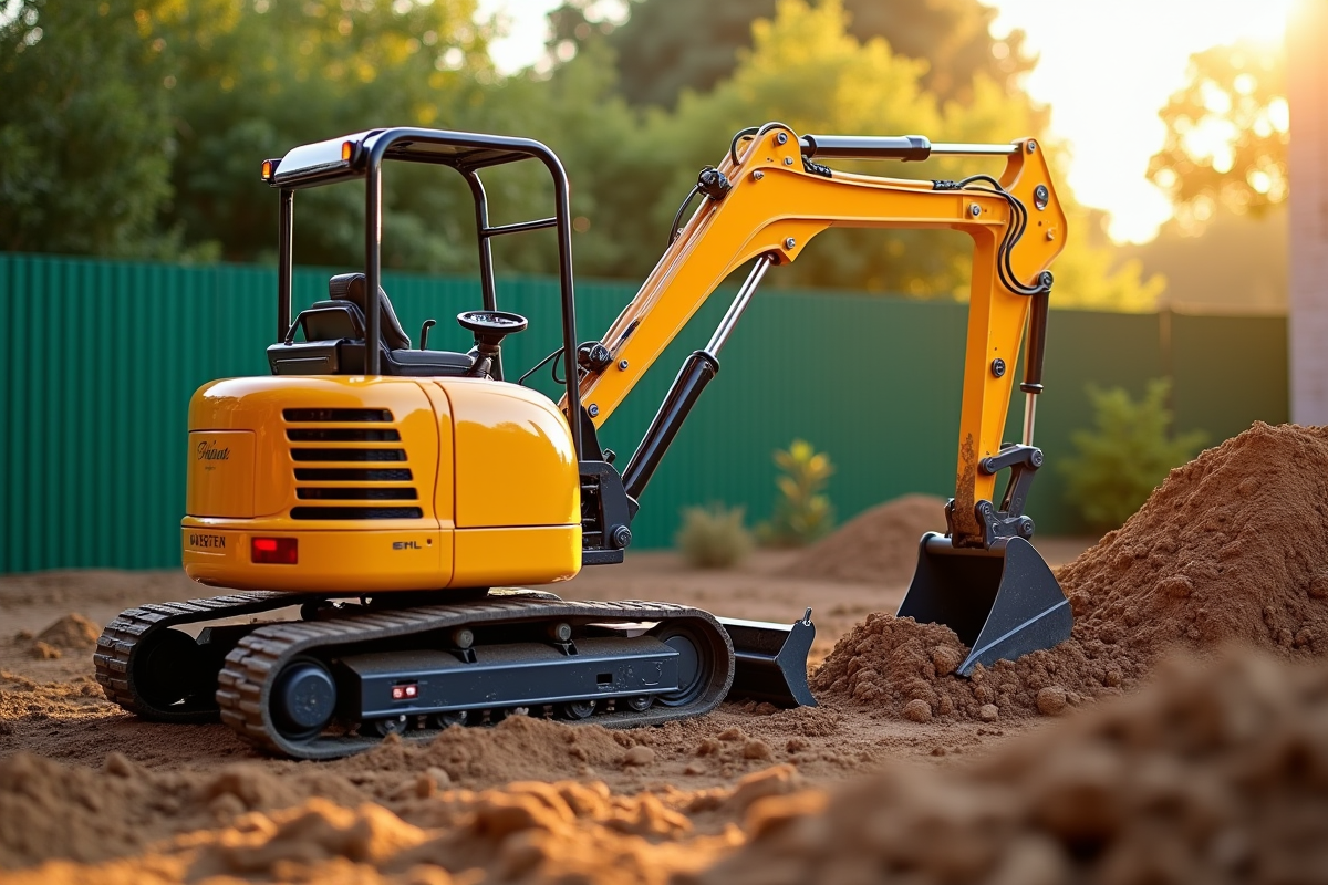 Mini-excavatrice creusant dans un jardin résidentiel ensoleillé