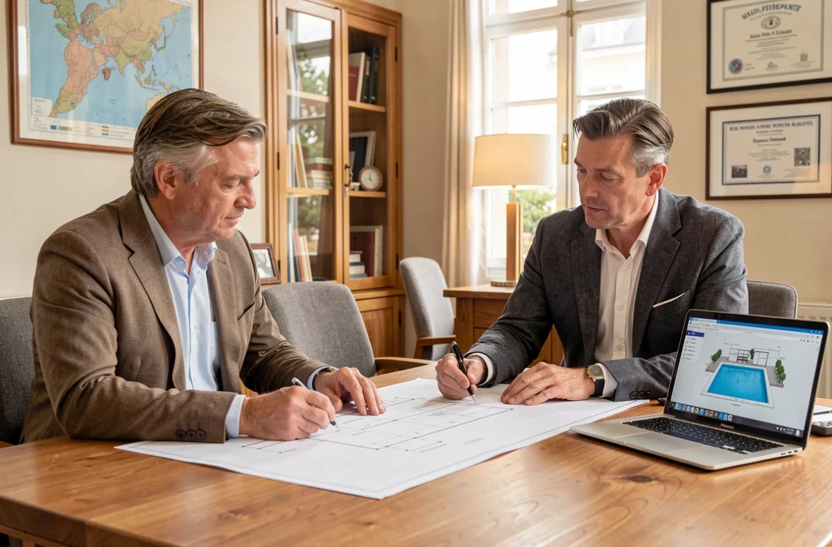 Partenaires de Mondial Piscine en réunion de travail autour de plans de construction de piscine dans un bureau régional