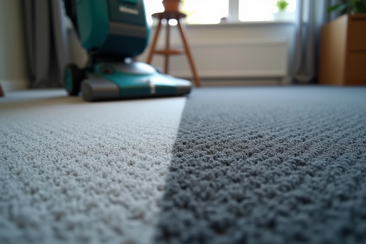 Moquette grise partiellement nettoyée par une shampouineuse dans un bureau à domicile moderne