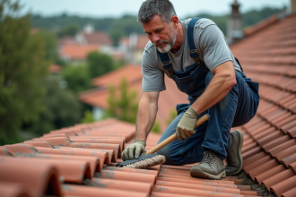 Homme en overalls nettoyant des tuiles de toit avec une brosse
