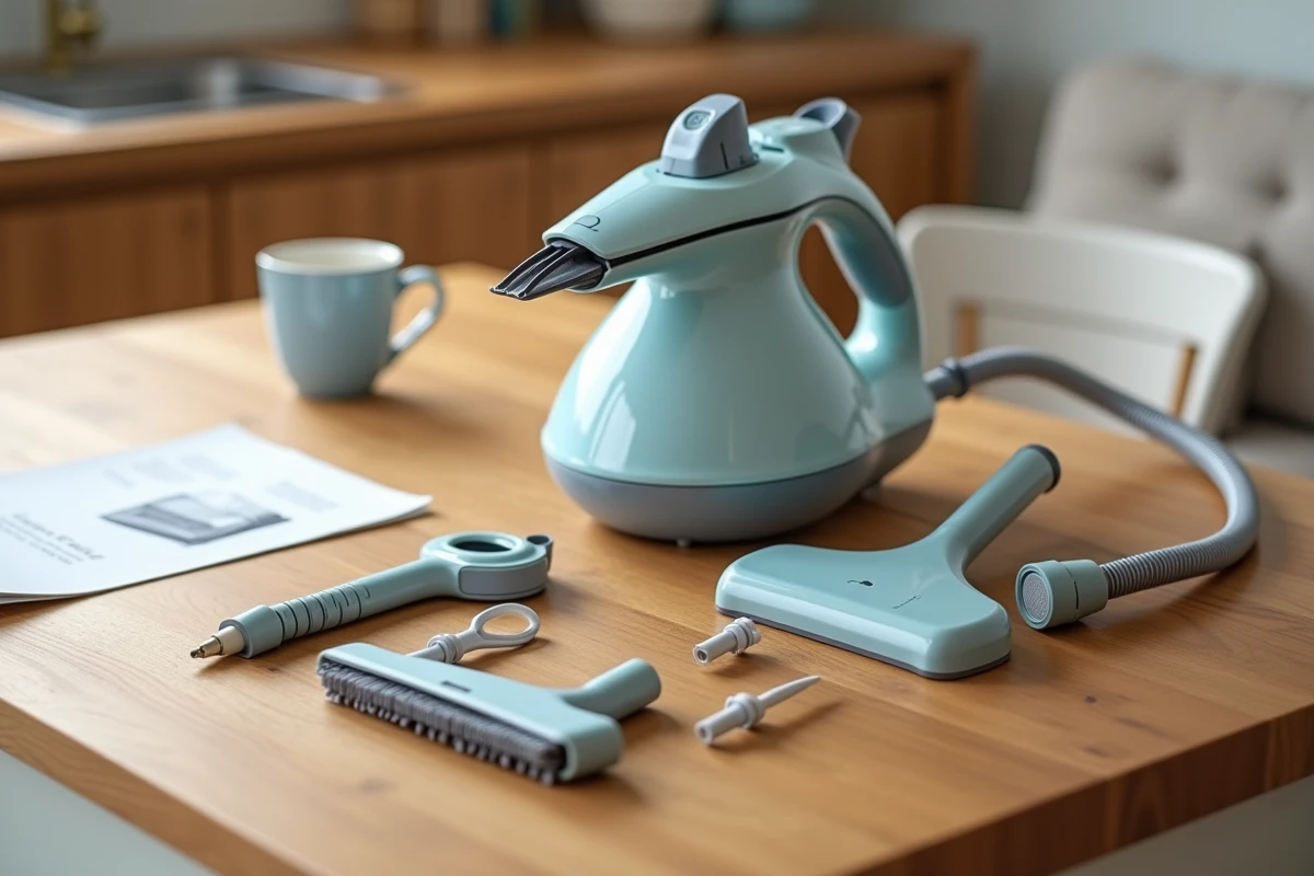 Nettoyeur vapeur Lidl et accessoires disposés sur une table en bois pour comparatif avant achat