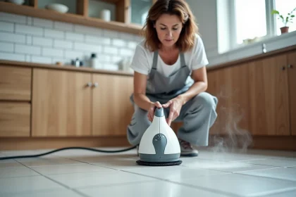 Femme utilisant un nettoyeur vapeur Lidl sur carrelage de cuisine, avis consommateur sur l'efficacité