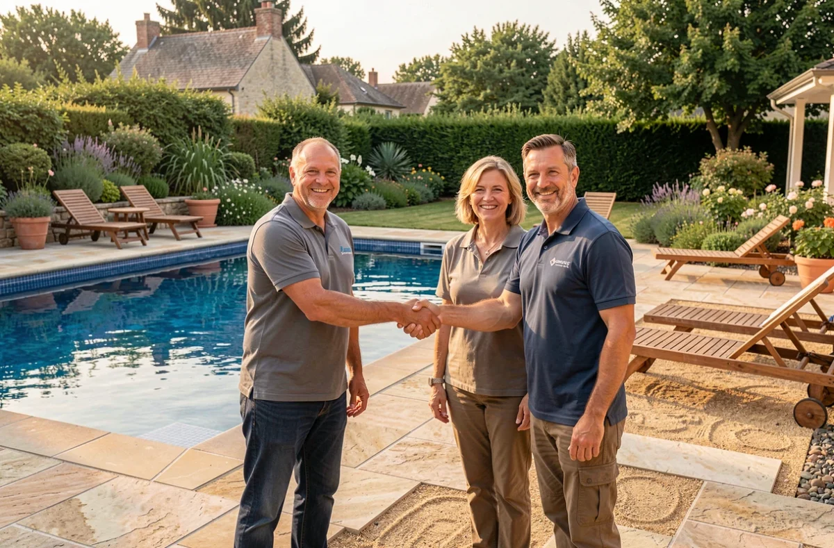 Représentant d'Océazur Piscines remettant les clés d'une piscine neuve à un couple de propriétaires dans leur jardin du Centre-Val de Loire