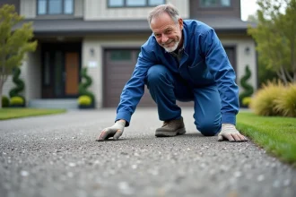 Ouvrier en bleu examine une dalle en béton exposé