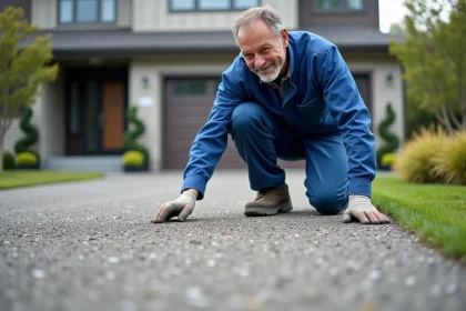 Ouvrier en bleu examine une dalle en béton exposé