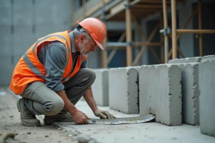 Ouvrier mesurant la taille d'un parpaing standard sur un chantier de construction