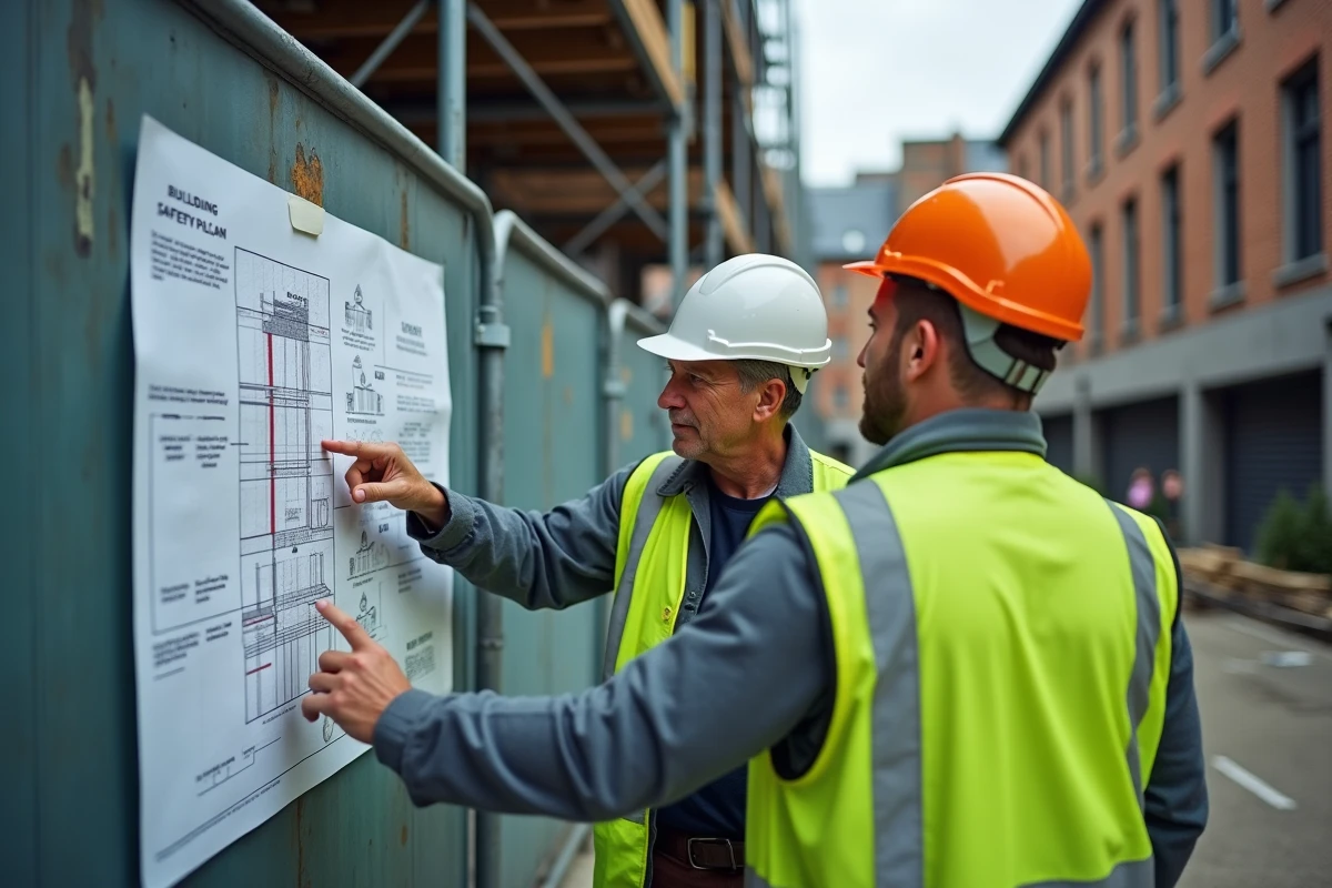 Deux ouvriers en équipement de sécurité consultant un plan de chantier sur un site de rénovation urbaine en extérieur