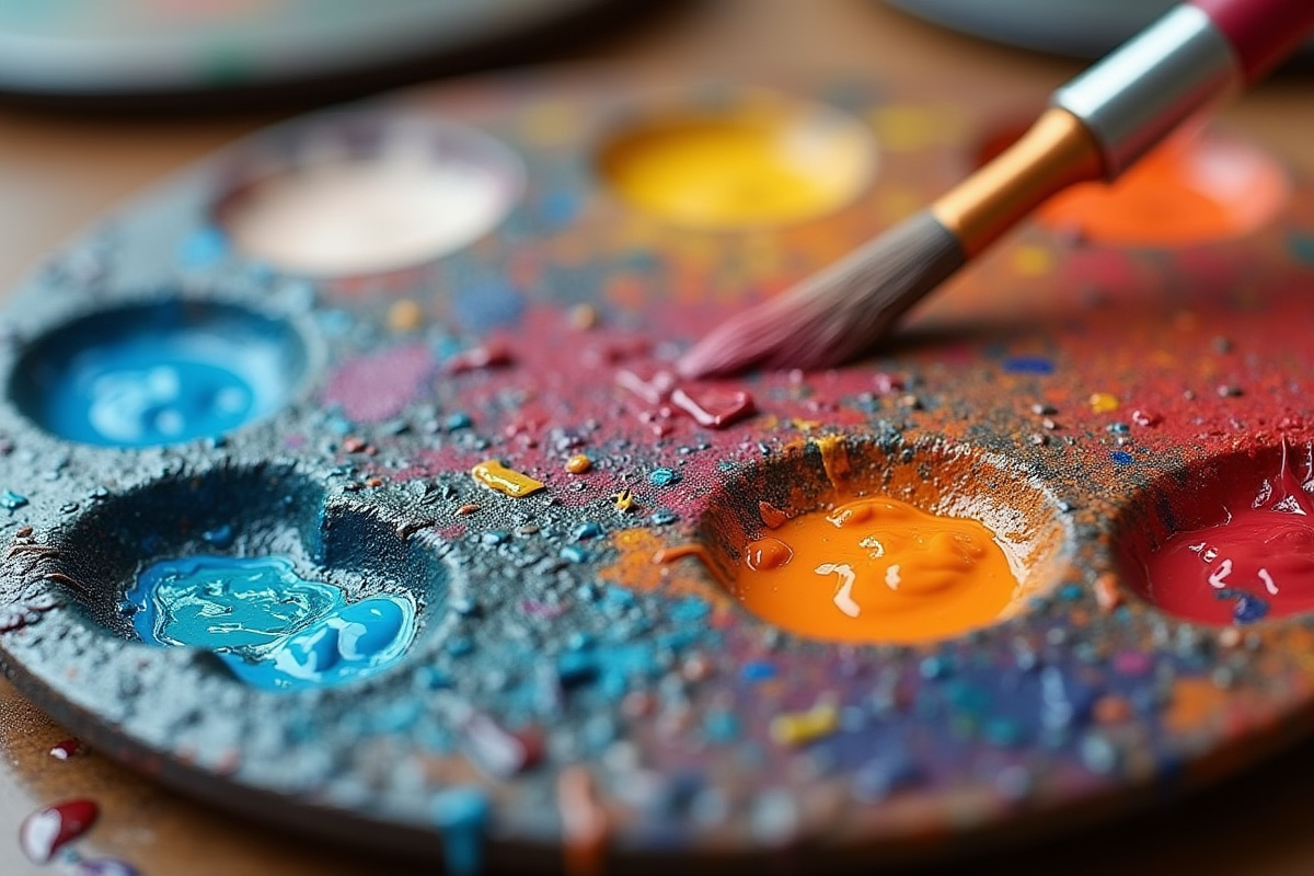Palette d'artiste avec peinture vibrante et textures visibles