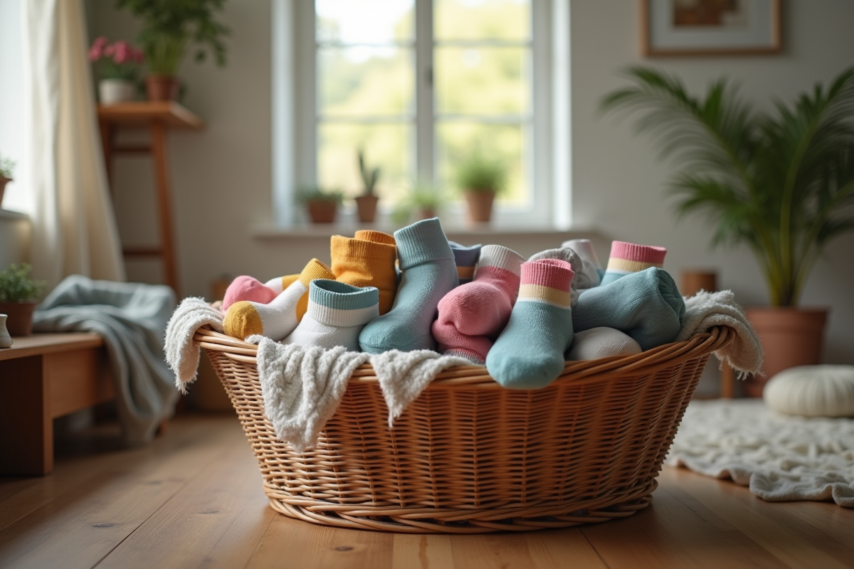 Panier à linge rempli de chaussettes en intérieur cosy