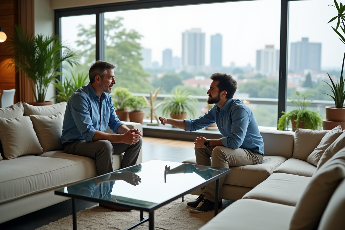 Pere pensif discutant près d