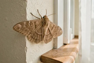 Papillon de nuit brun posé sur un mur blanc intérieur près d'une fenêtre avec des rideaux blancs