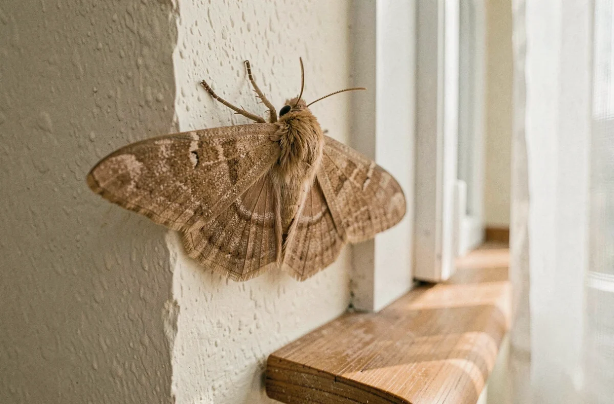Papillon de nuit brun posé sur un mur blanc intérieur près d'une fenêtre avec des rideaux blancs
