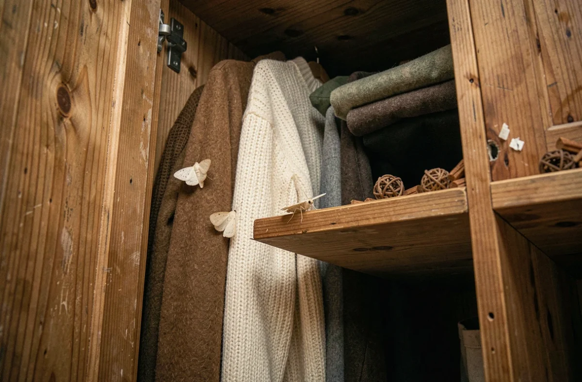 Papillons de nuit dans une armoire sur des pulls en laine avec des boules de cèdre sur l'étagère