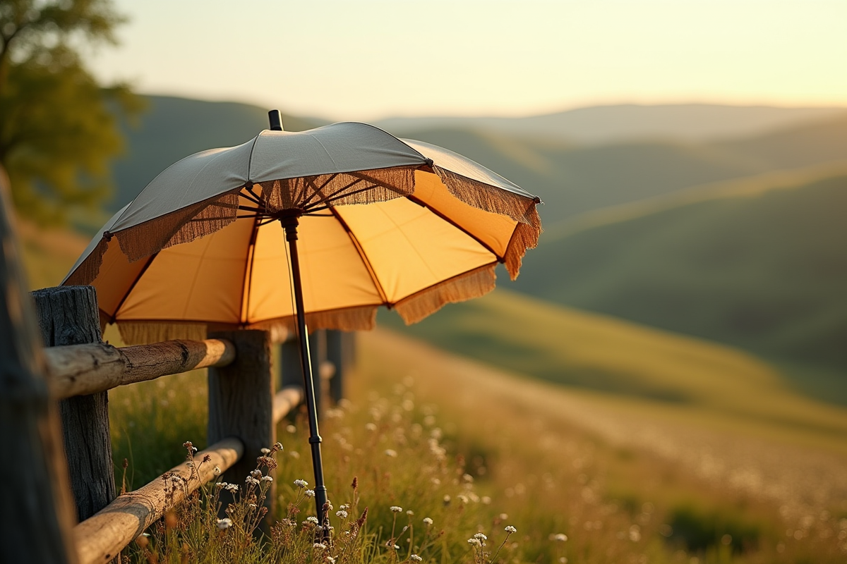Parapluie vintage de berger contre clôture en bois