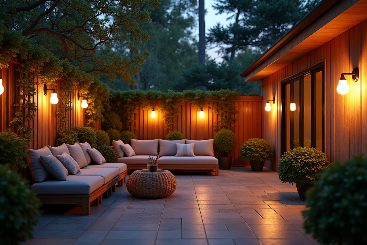 Patio extérieur avec mobilier contemporain et éclairage LED en soirée