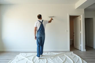 Peintre en overalls appliquant de la peinture blanche sur un mur