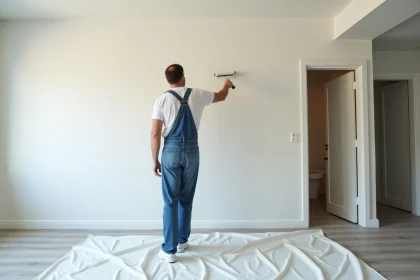 Peintre en overalls appliquant de la peinture blanche sur un mur