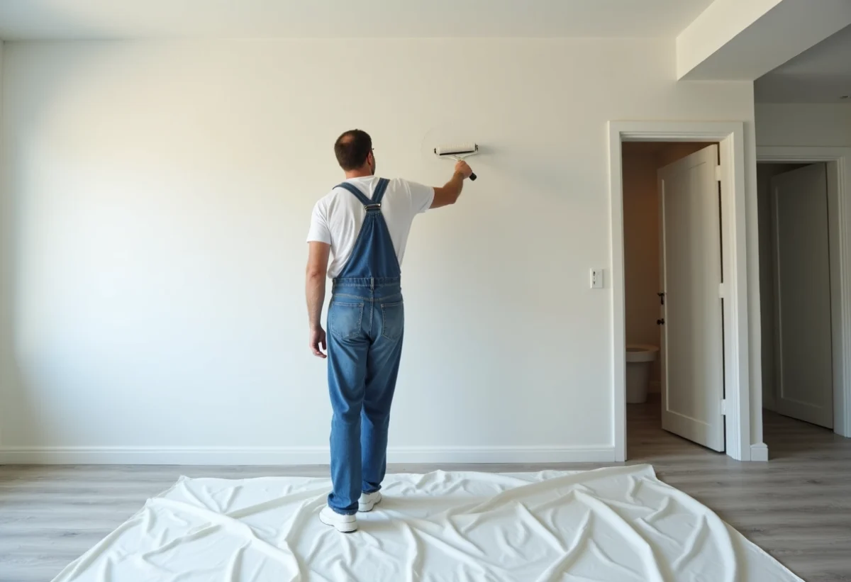 Peintre en overalls appliquant de la peinture blanche sur un mur