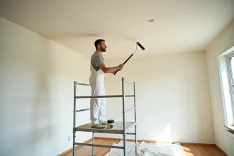 Peintre professionnel appliquant de la peinture blanche sur un plafond de 50m² avec un rouleau à long manche depuis un échafaudage