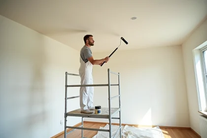 Peintre professionnel appliquant de la peinture blanche sur un plafond de 50m² avec un rouleau à long manche depuis un échafaudage