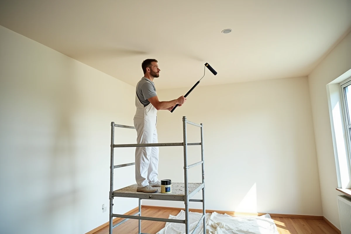 Peintre professionnel appliquant de la peinture blanche sur un plafond de 50m² avec un rouleau à long manche depuis un échafaudage