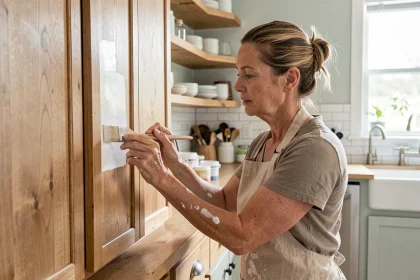 Femme appliquant une peinture blanche pour boiserie sur des cadres de placards en bois dans une cuisine moderne avec carrelage métro