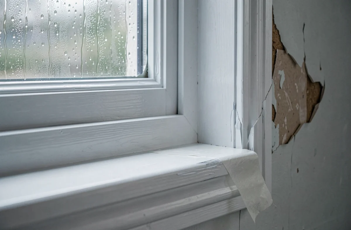 Gros plan sur un encadrement de fenêtre en bois peint en blanc satiné dans une salle de bains humide, avec condensation sur le verre et ruban de masquage partiellement retiré