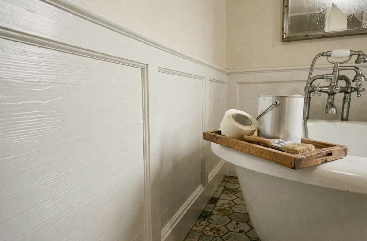 Lambris en bois peint en blanc dans une salle de bains avec baignoire sur pieds, illustrant l'application de peinture blanche résistante à l'humidité