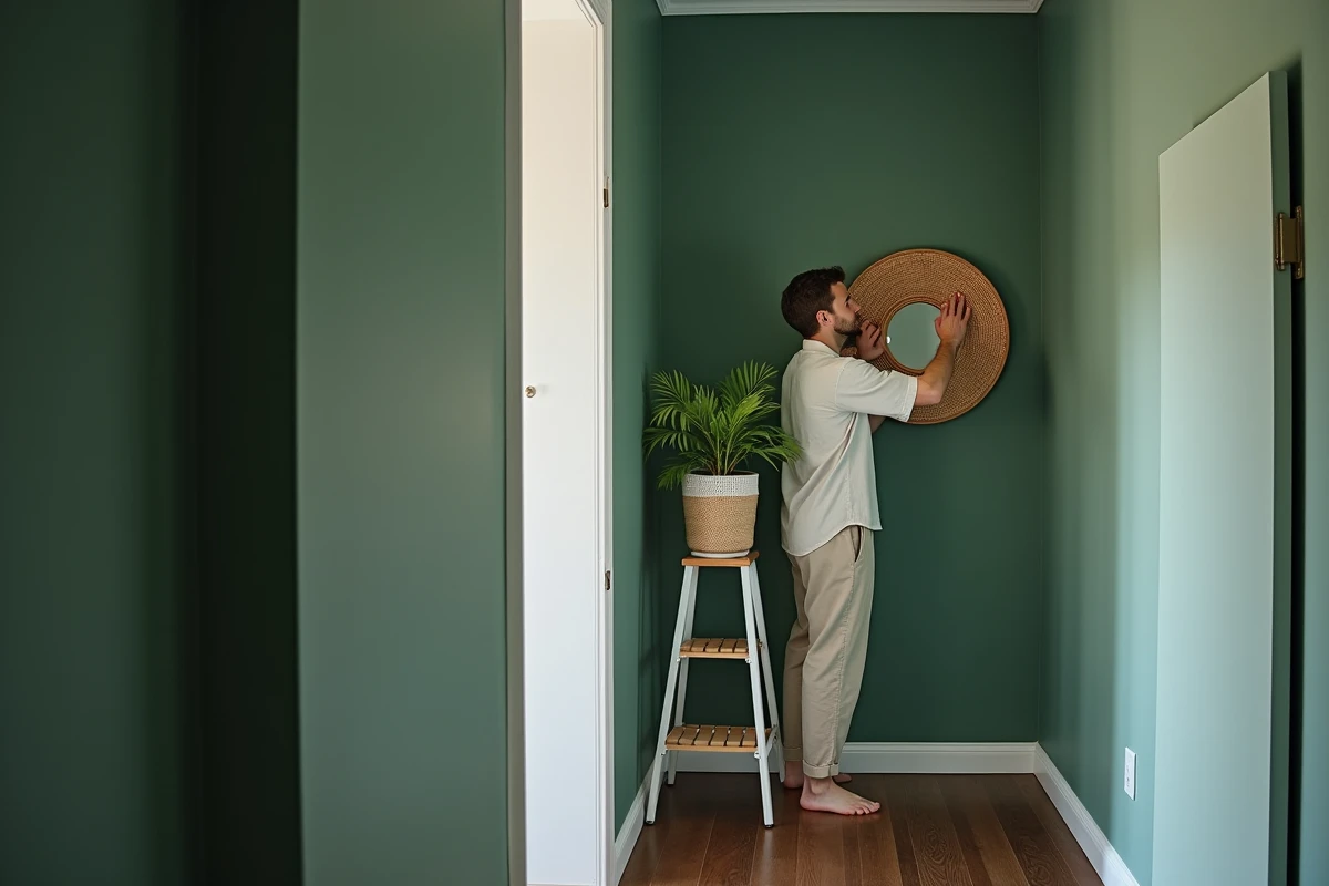 Personne accrochant un miroir en rotin dans un couloir étroit peint en vert foncé, ambiance moderne et chaleureuse