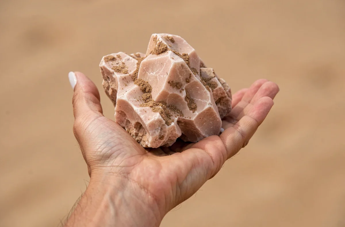 Main tenant une pierre rose des sables brute avec sa texture cristalline naturelle dans un contexte de rituel spirituel